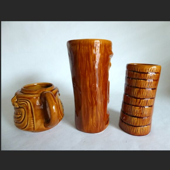 NEW 2000 - 2003 TIKI FARM SQUID DESIGNED JAVA WARRIOR BROWN CERAMIC TIKI MUG SET - Picture 6 of 12